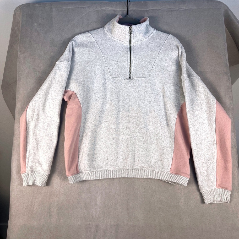 American Eagle Ahh-Mazingly Soft Quarter Zip Sweatshirt Grey Pink Small Comfy